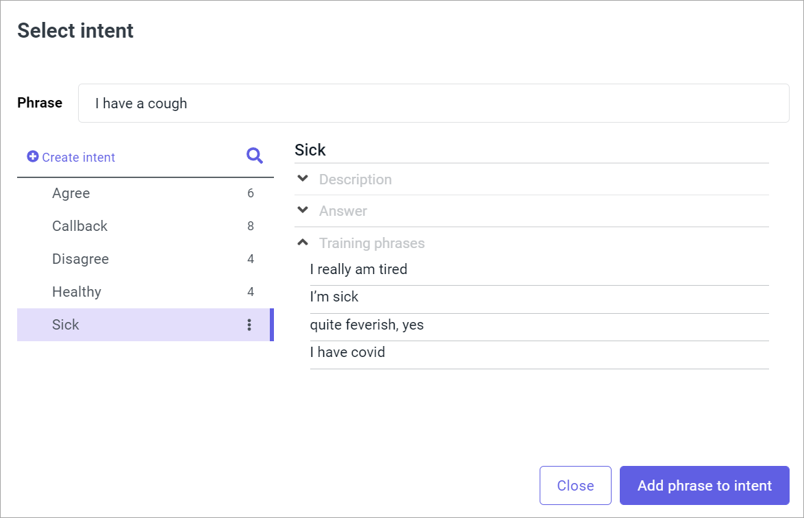 Adding a user phrase as an intent training phrase